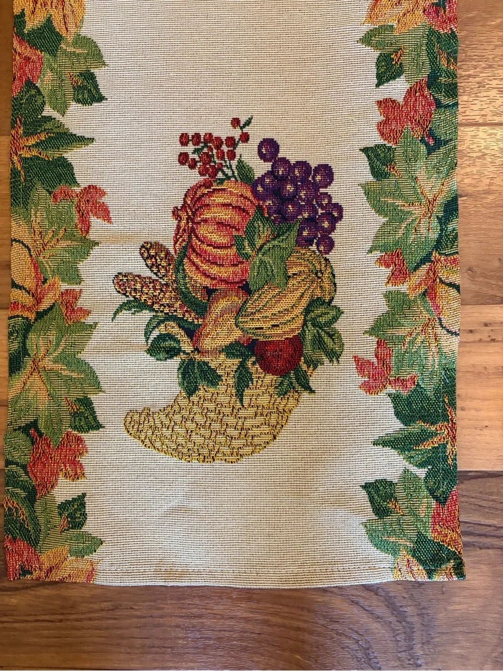 Harvest Cornucopia Tapestry Table Runner in Cream, Orange, Green 68x13 EUC